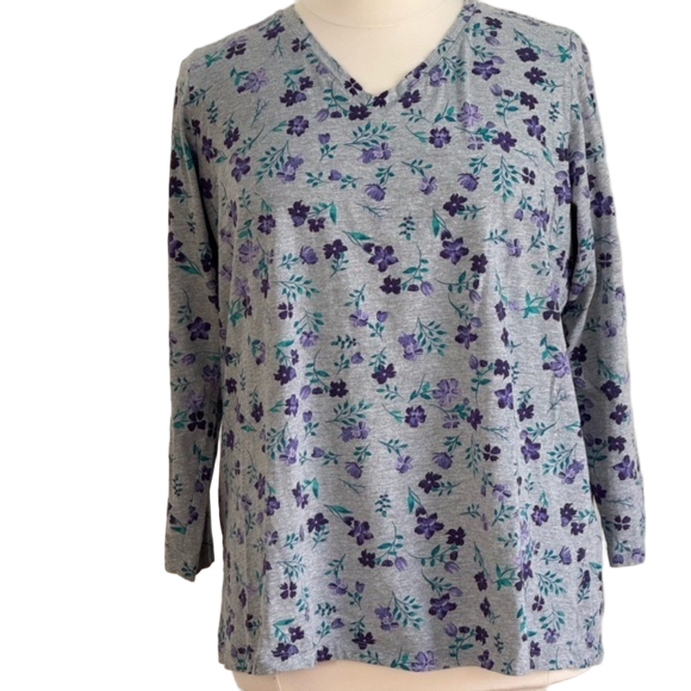 Woman Within Gray Floral Top with Purple and Teal Accents Size 1X (22/24)